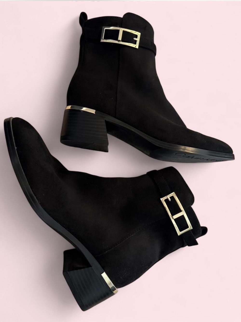 Calvin Klein Black Suede Ankle Boots with Gold Buckle Detail